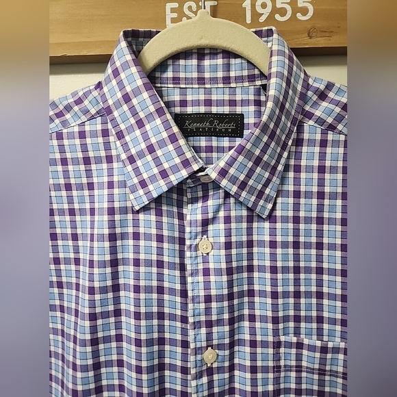 Kenneth Roberts Platinum Button Long Sleeve Dress Shirt Blue Purple Plaid Large - Picture 1 of 12